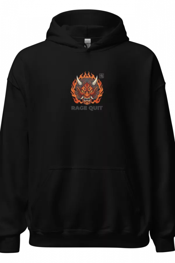 Sudadera negra con máscara oni en llamas y texto Rage Quit — Negro