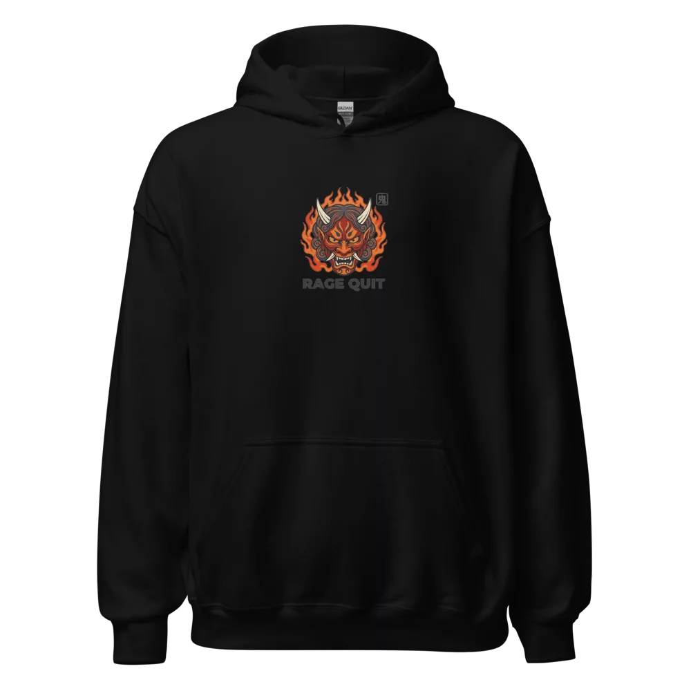 Sudadera negra con máscara oni en llamas y texto Rage Quit — Negro