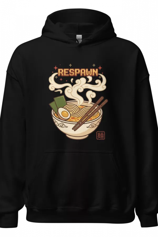 Sudadera negra con cuenco de ramen y letras pixel art Respawn — Negro