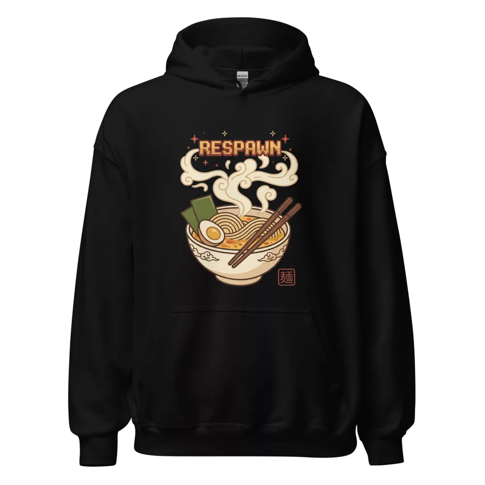 Sudadera negra con cuenco de ramen y letras pixel art Respawn — Negro