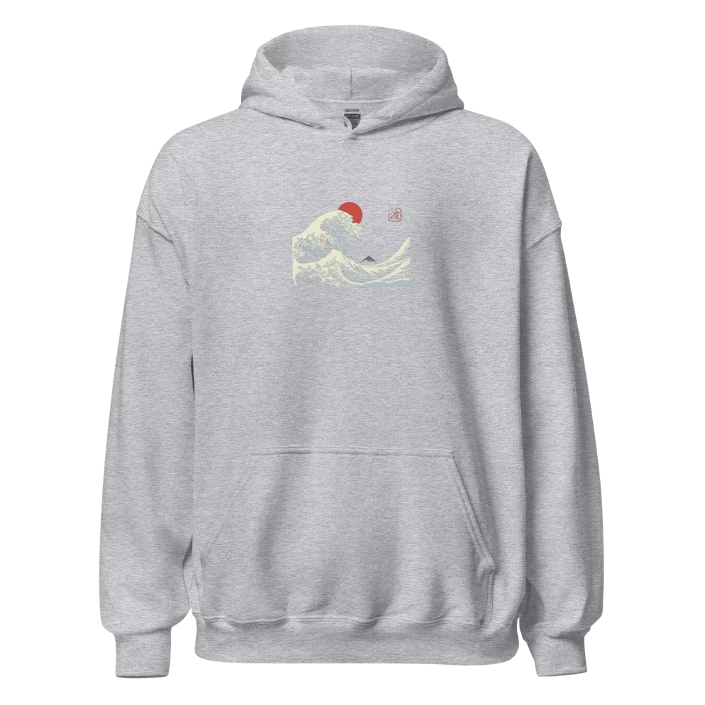 Sudadera negra con la gran ola japonesa minimalista estilo sumi-e y sol rojo — Gris deportivo