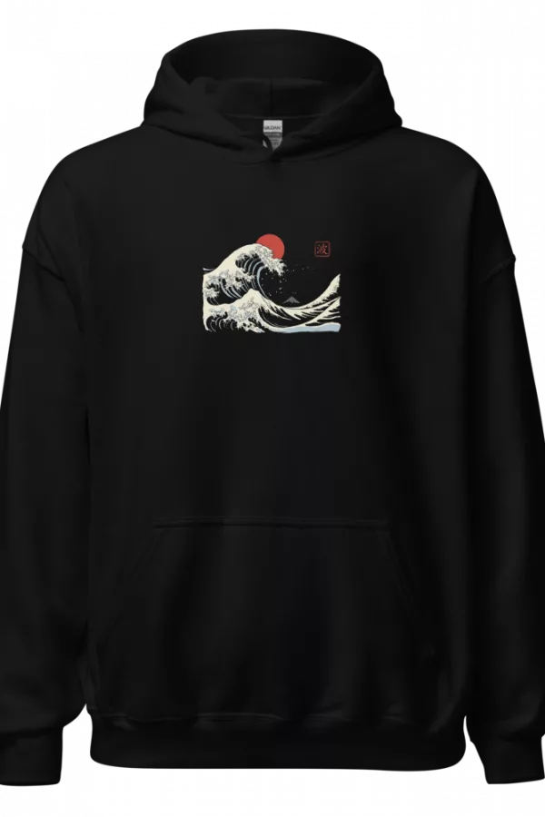 Sudadera negra con la gran ola japonesa minimalista estilo sumi-e y sol rojo — Negro