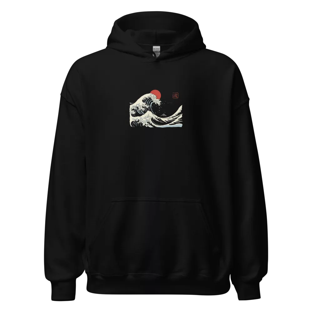 Sudadera negra con la gran ola japonesa minimalista estilo sumi-e y sol rojo — Negro
