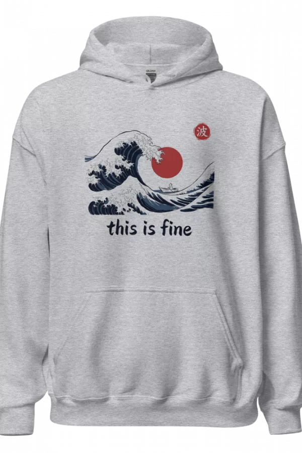 Sudadera negra con ola gigante japonesa, barca diminuta y texto this is fine — Gris deportivo
