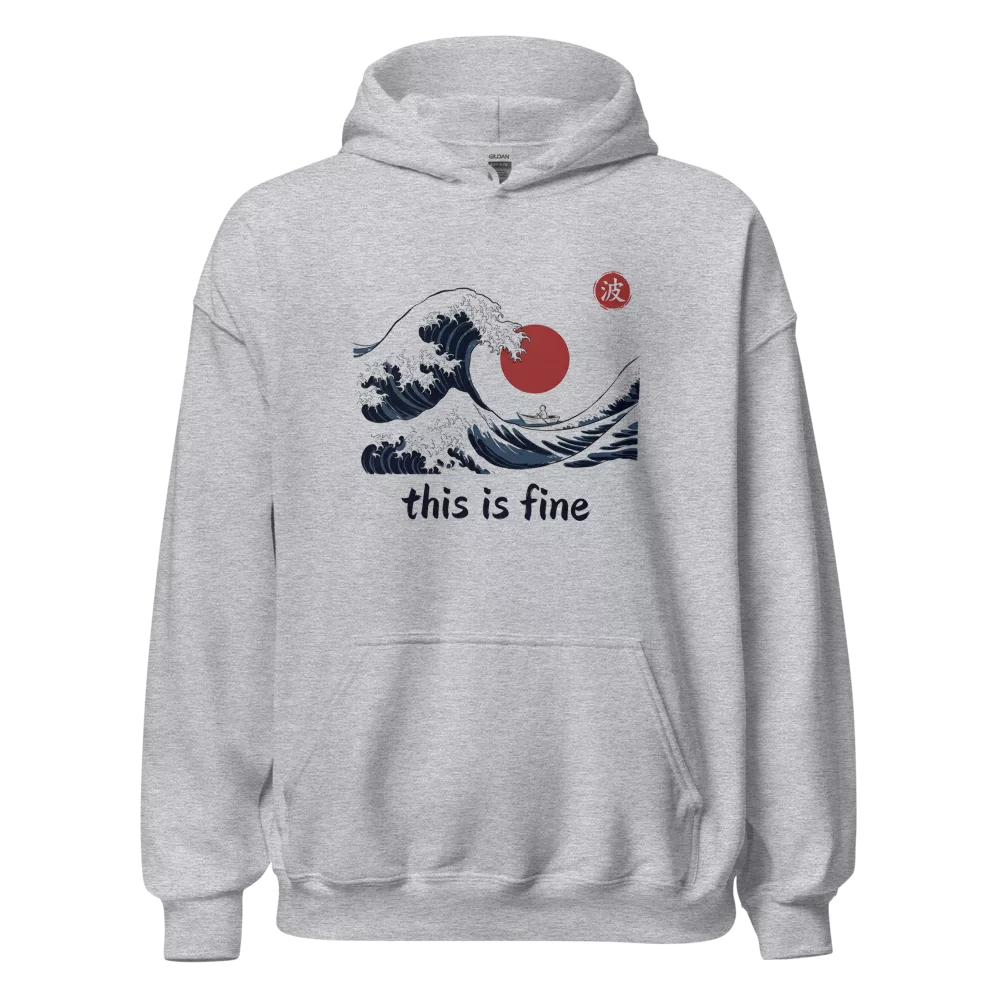 Sudadera negra con ola gigante japonesa, barca diminuta y texto this is fine — Gris deportivo