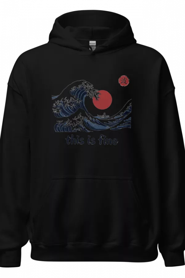 Sudadera negra con ola gigante japonesa, barca diminuta y texto this is fine — Negro