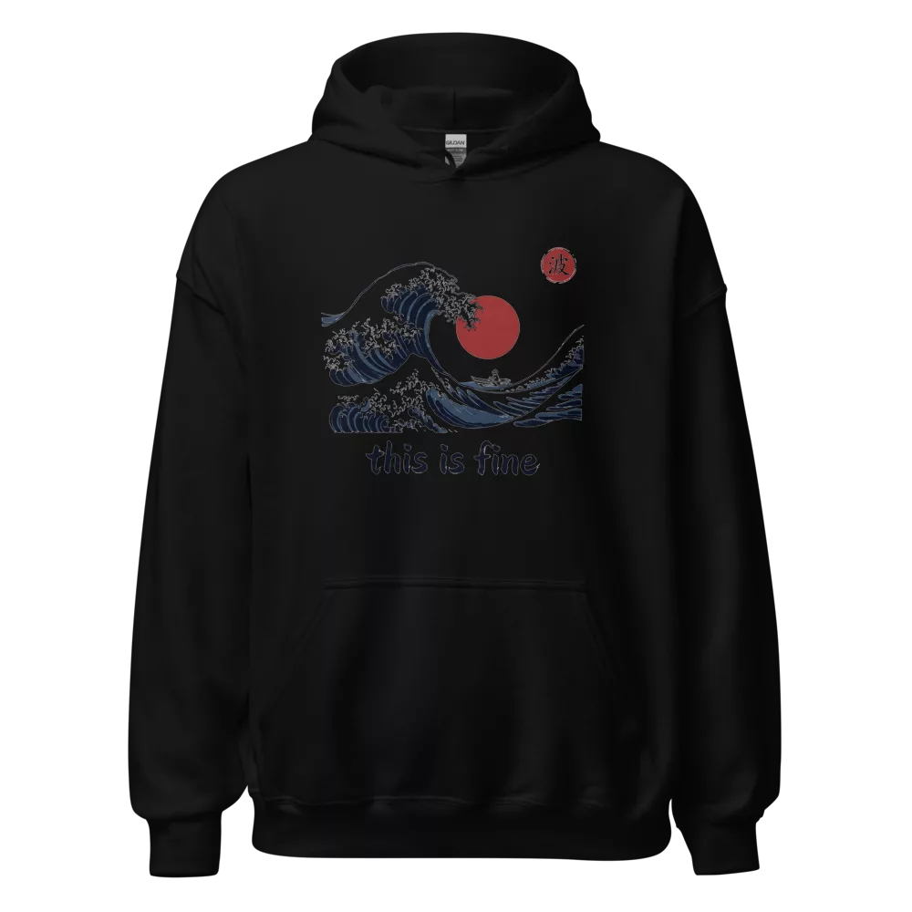 Sudadera negra con ola gigante japonesa, barca diminuta y texto this is fine — Negro