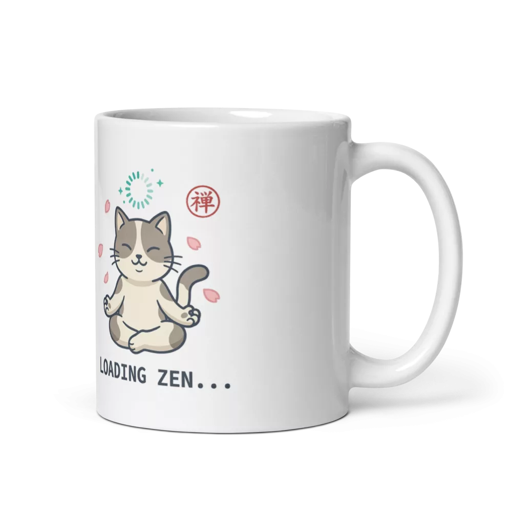 Taza blanca con gato meditando entre sakuras y texto Loading Zen