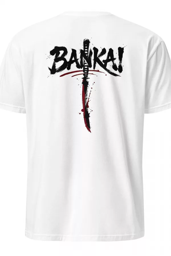 Back-print design of the word Bankai fused with a katana blade and dripping red ink accents. - White