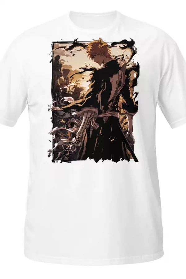 White T-Shirt with an orange-haired anime swordsman in a tattered black coat against a sunset battlefield print. - White