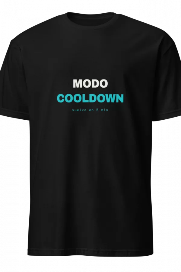 Black t-shirt with a bilingual Modo Cooldown graphic and a Spanish back-in-5-minutes line. - Black