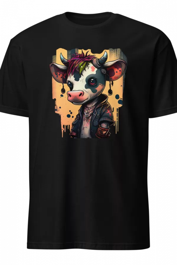 Man wearing a black T-shirt printed with a punk-rock baby cow character with a pink mohawk and horns. - Black