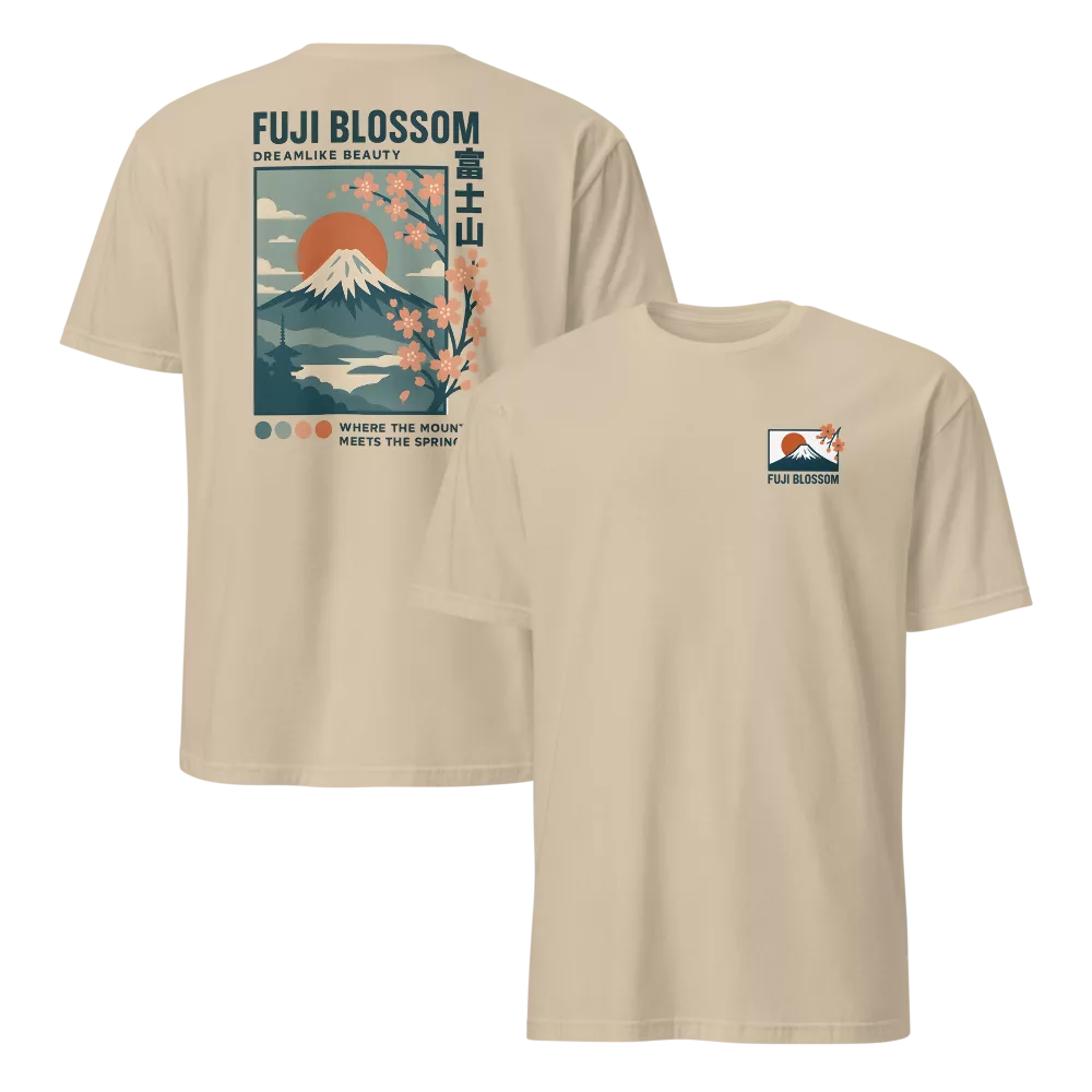 White tee with a travel-poster Mount Fuji and cherry blossom illustration on the back and a matching chest icon. - Sand
