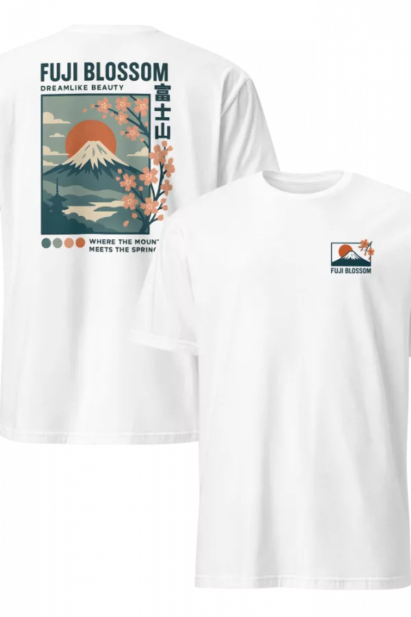 White tee with a travel-poster Mount Fuji and cherry blossom illustration on the back and a matching chest icon. - White
