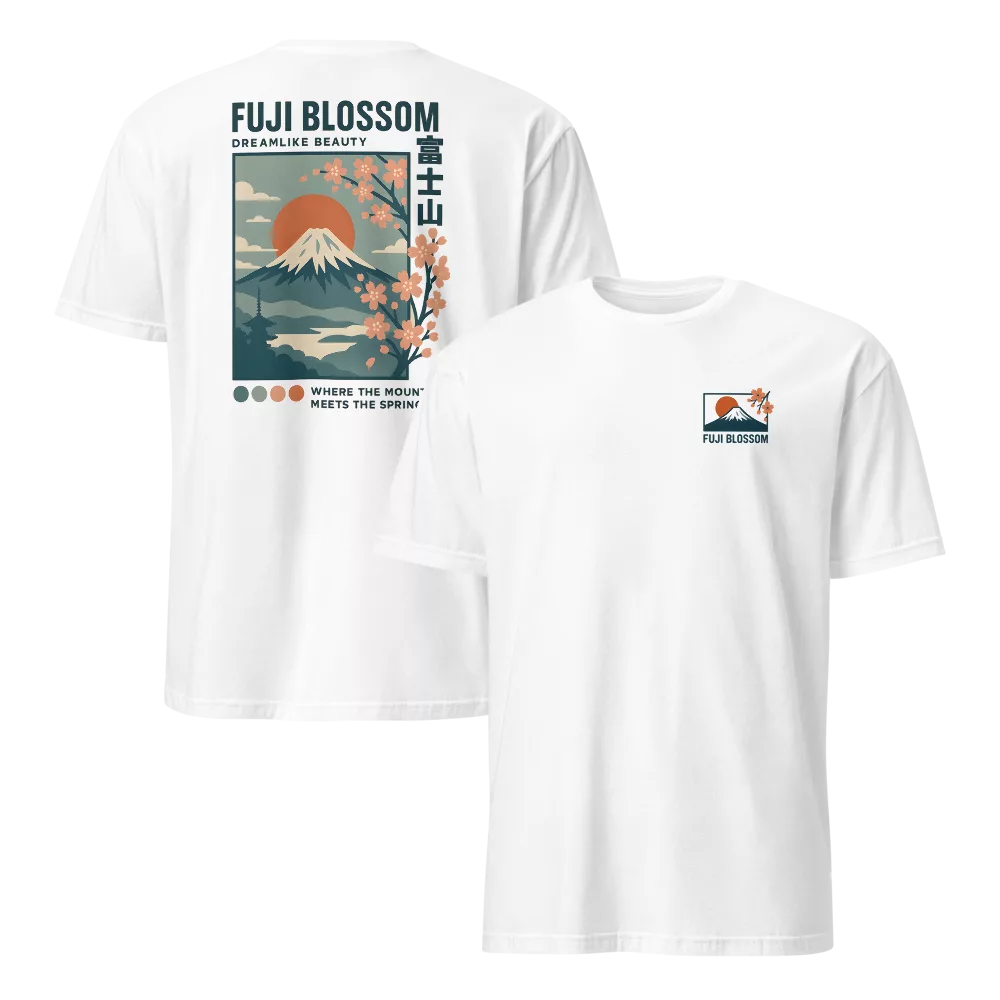 White tee with a travel-poster Mount Fuji and cherry blossom illustration on the back and a matching chest icon. - White