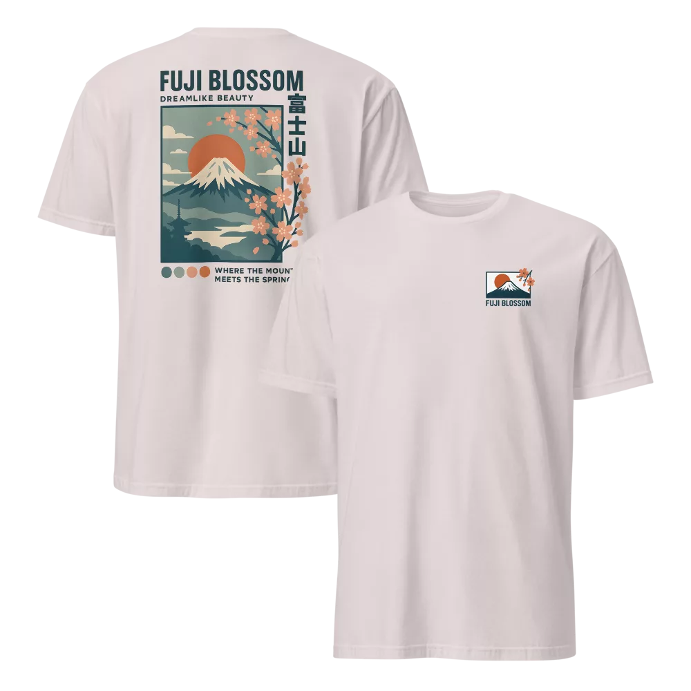 White tee with a travel-poster Mount Fuji and cherry blossom illustration on the back and a matching chest icon. - Ice Grey