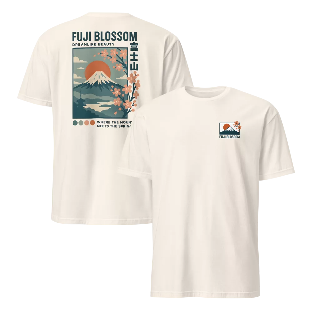 White tee with a travel-poster Mount Fuji and cherry blossom illustration on the back and a matching chest icon. - Natural