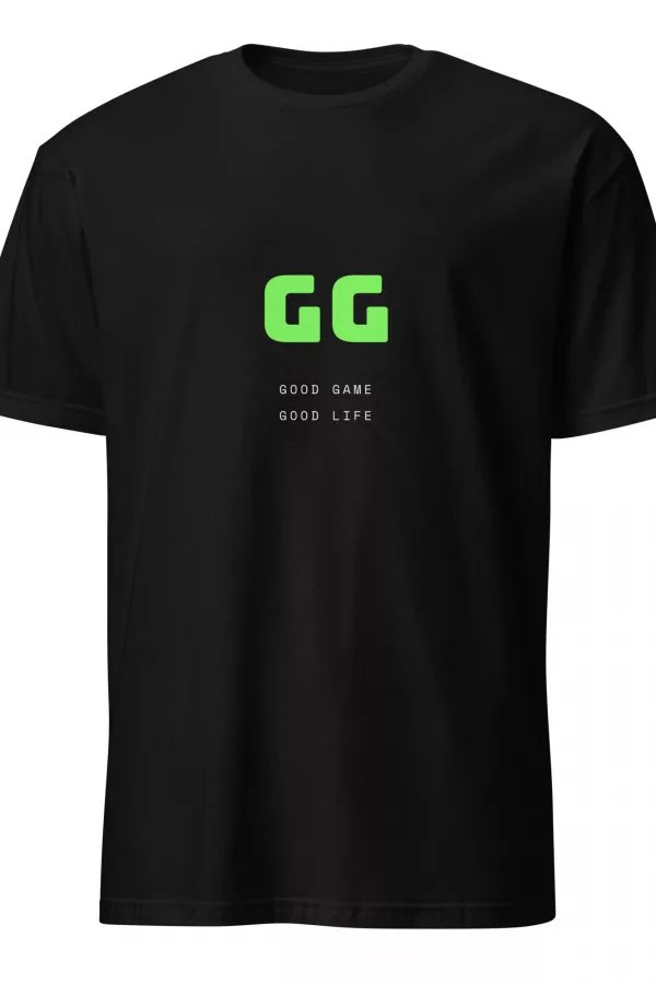 Black t-shirt with a bright green 'GG' logo above white pixel-font text reading 'Good Game, Good Life'. - Black