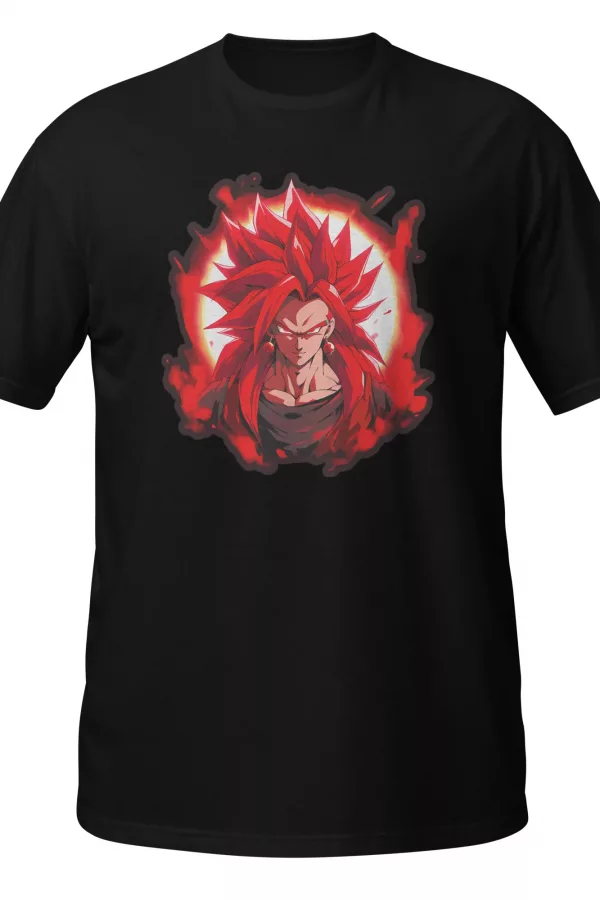 Black T-Shirt with a red-haired fused Saiyan-style warrior portrait glowing inside a fiery red aura. - Black