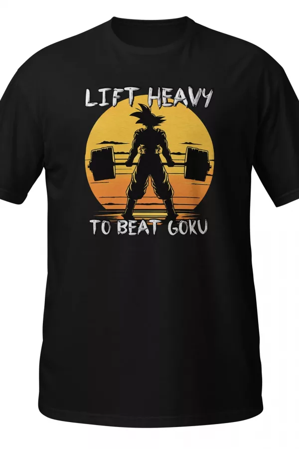 Black T-Shirt with a silhouetted warrior deadlifting a barbell above the phrase Lift Heavy To Beat Goku. - Black