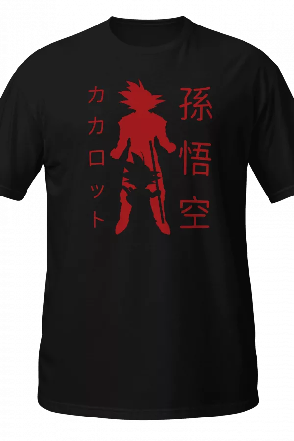 Black T-Shirt with a red silhouette of a warrior beside his name in Japanese kanji and katakana lettering. - Black