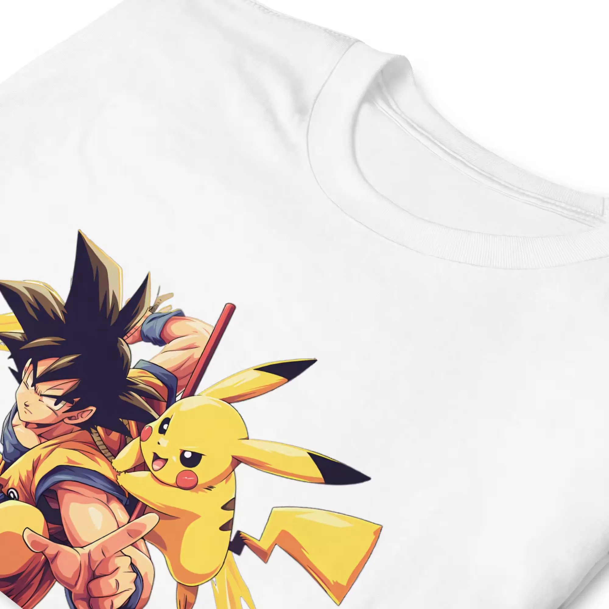 Black T-Shirt with a Saiyan-style fighter making a peace sign next to an electric companion and a PIKAPIKAHA wordmark. - White