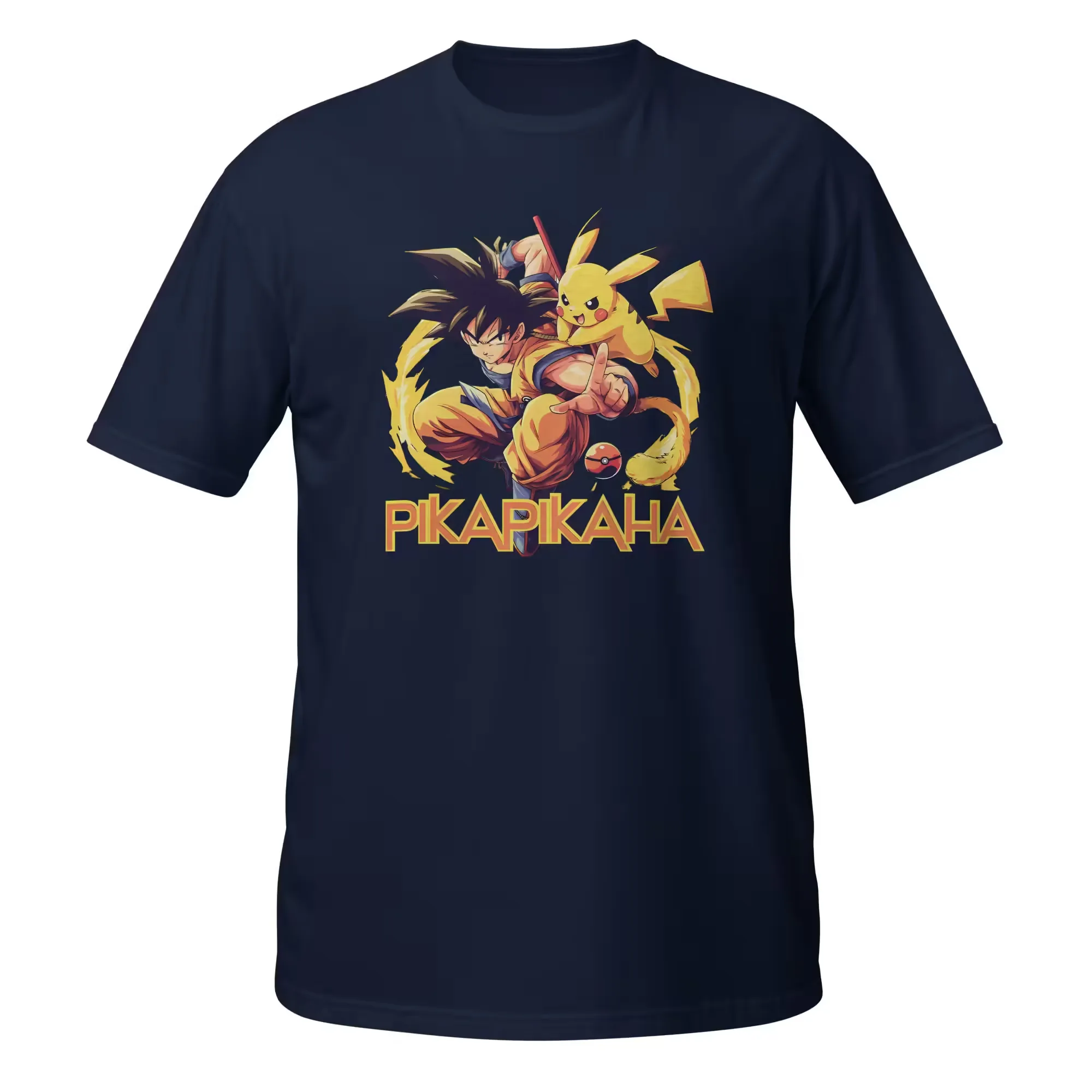 Black T-Shirt with a Saiyan-style fighter making a peace sign next to an electric companion and a PIKAPIKAHA wordmark. - Navy