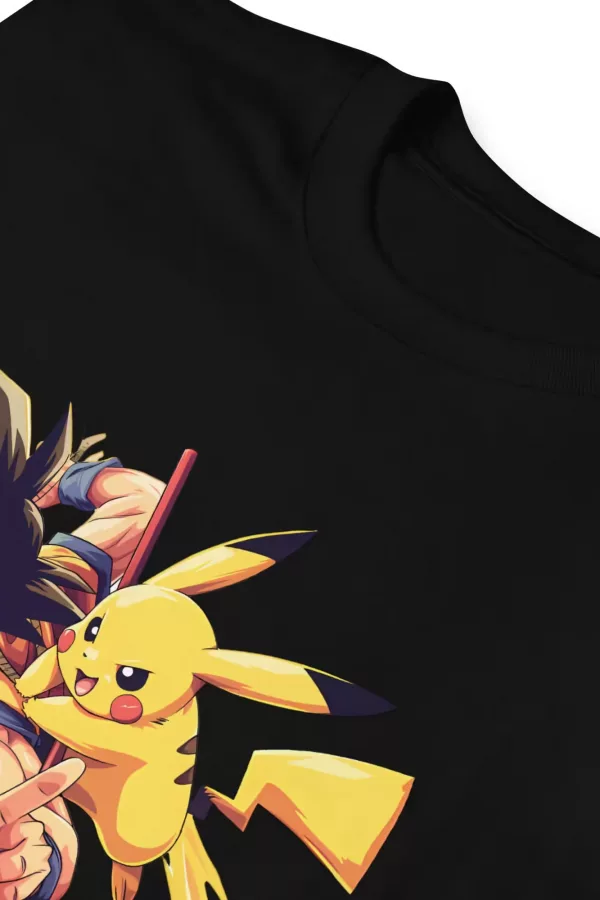 Black T-Shirt with a Saiyan-style fighter making a peace sign next to an electric companion and a PIKAPIKAHA wordmark. - Black