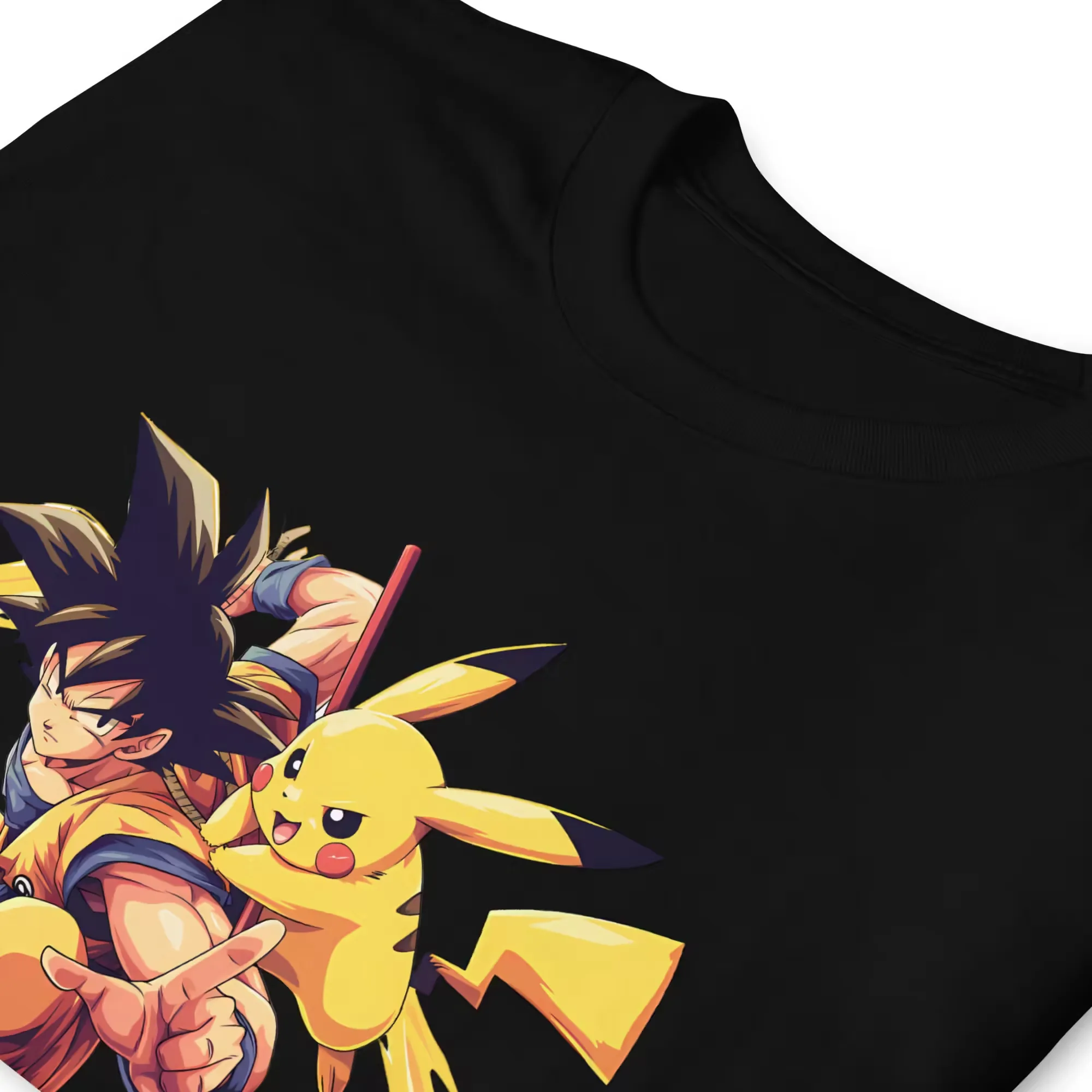 Black T-Shirt with a Saiyan-style fighter making a peace sign next to an electric companion and a PIKAPIKAHA wordmark. - Black
