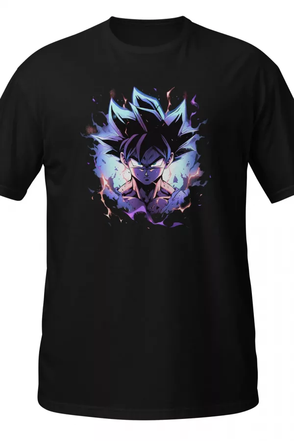 Black T-Shirt with a young Saiyan-style character glowing in a silver-blue energy aura. - Black