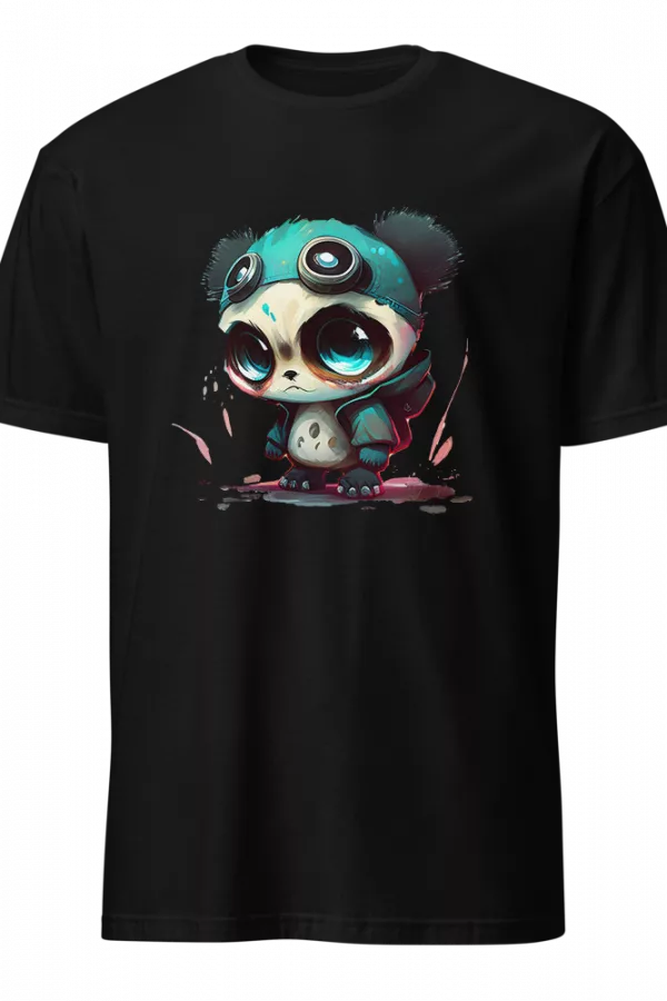 Man wearing a black T-shirt printed with a wide-eyed panda character in a teal hooded goggle cap. - Black