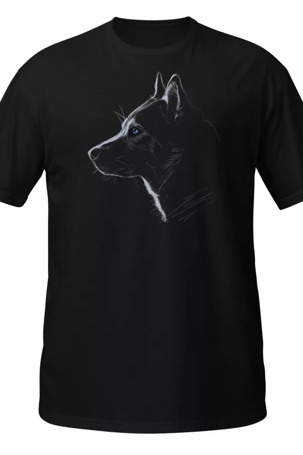 Black t-shirt with a sketched husky head profile and one glowing blue eye on the chest. - Black