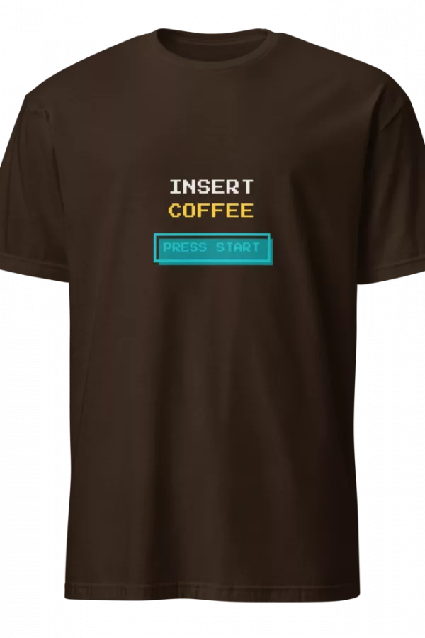 Dark chocolate t-shirt in retro pixel font reading 'Insert Coffee' above a teal 'Press Start' button graphic. - Dark Chocolate