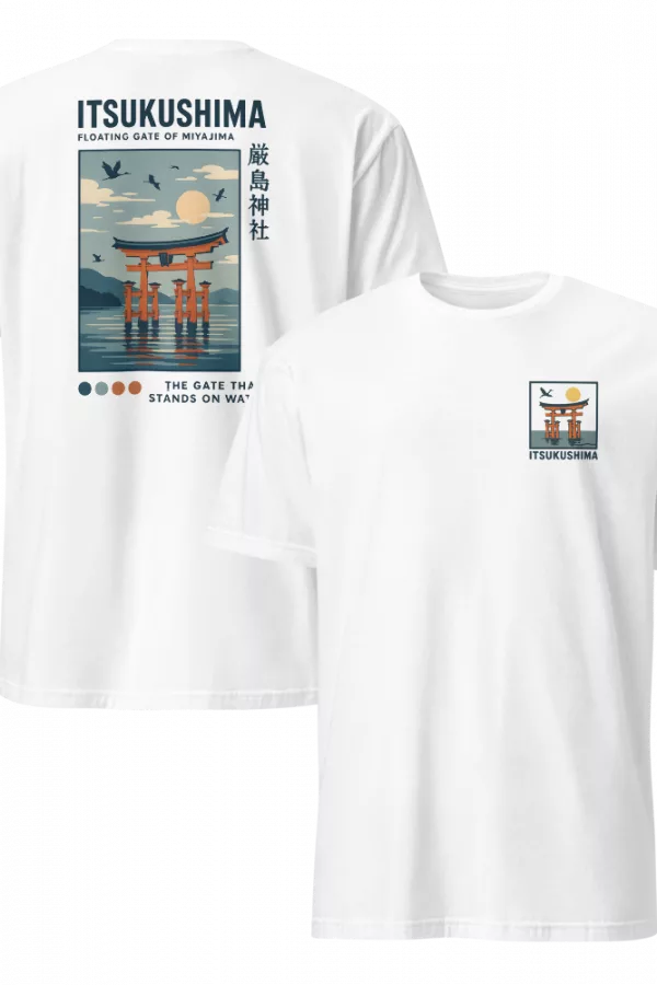 White tee with a travel-poster torii gate illustration on the back and a matching icon on the chest. - White
