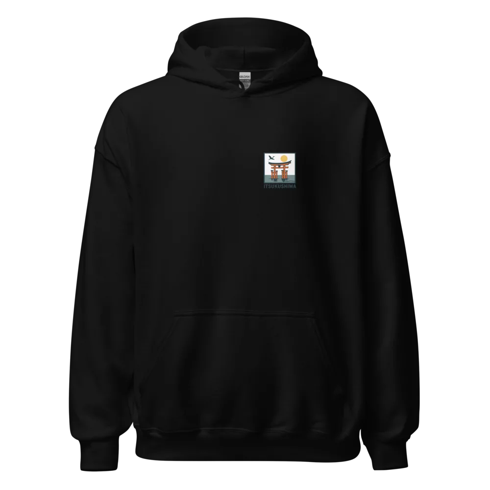 Small badge design of the floating Itsukushima torii gate in water on a hoodie. — Black