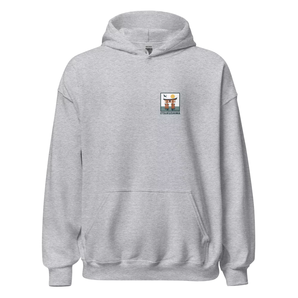 Small badge design of the floating Itsukushima torii gate in water on a hoodie. — Sport Grey