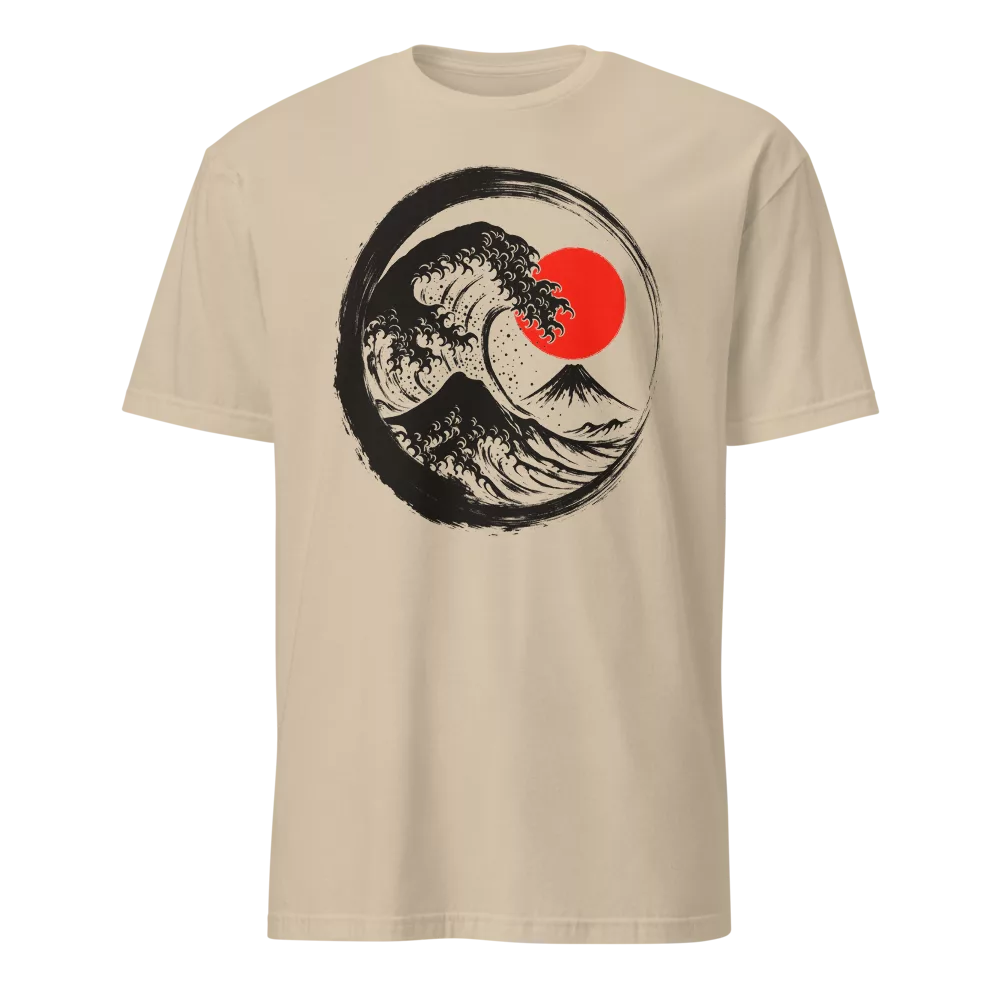 White t-shirt with a Great Wave-style illustration inside a black enso circle on the chest, accented by a red sun. - Sand