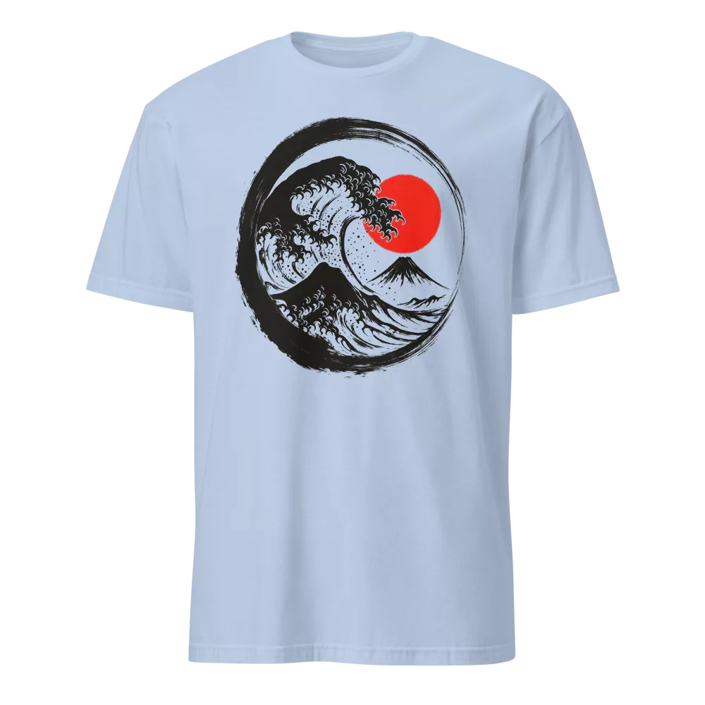 White t-shirt with a Great Wave-style illustration inside a black enso circle on the chest, accented by a red sun. - Light Blue