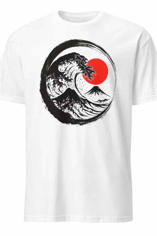 White t-shirt with a Great Wave-style illustration inside a black enso circle on the chest, accented by a red sun. - White