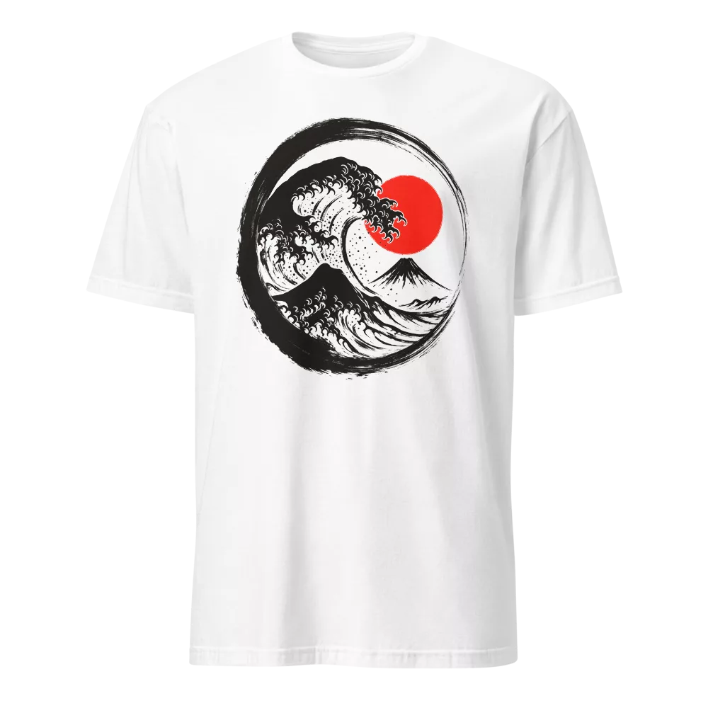 White t-shirt with a Great Wave-style illustration inside a black enso circle on the chest, accented by a red sun. - White