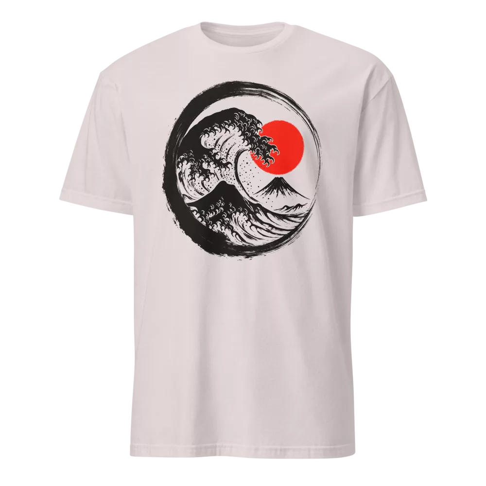 White t-shirt with a Great Wave-style illustration inside a black enso circle on the chest, accented by a red sun. - Ice Grey