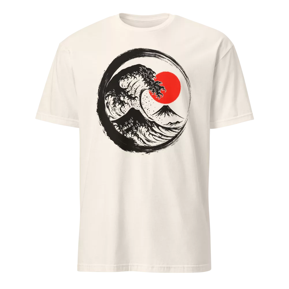 White t-shirt with a Great Wave-style illustration inside a black enso circle on the chest, accented by a red sun. - Natural