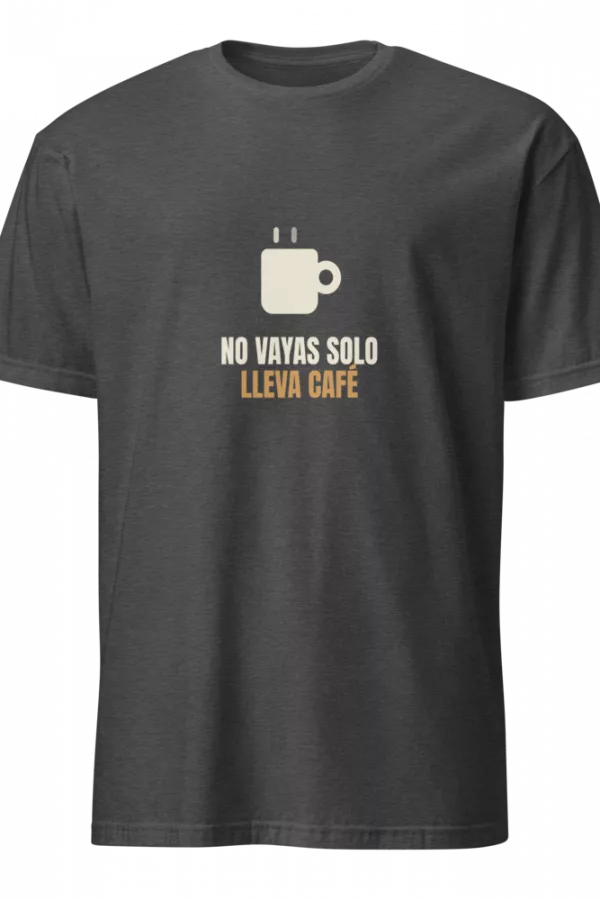 Charcoal t-shirt with a line-art coffee mug icon and white and tan lleva cafe chest print. - Dark Heather Grey