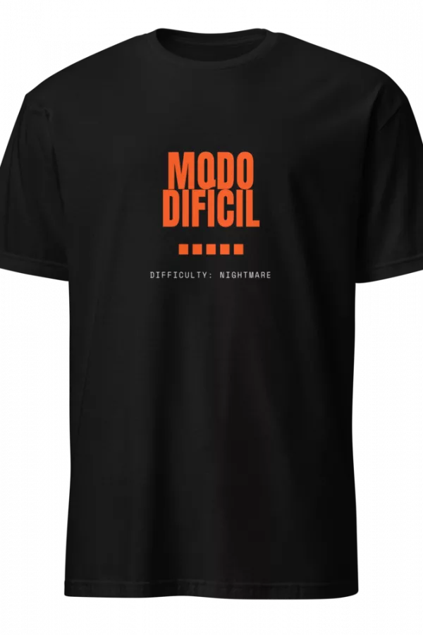 Black t-shirt with an orange MODO DIFICIL chest print, small dashes, and a difficulty: nightmare subtext. - Black