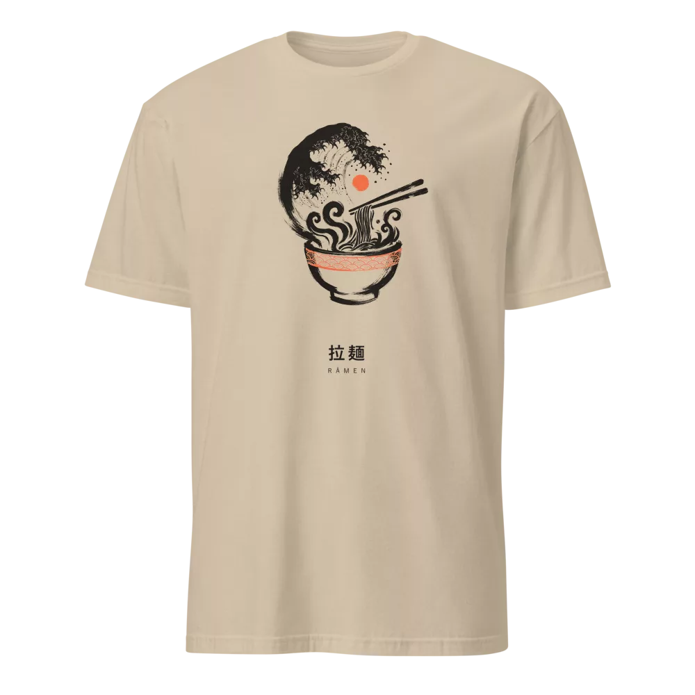 White t-shirt with a ramen bowl and Great Wave-style steam design in ink style on the chest, with matching kanji below. - Sand