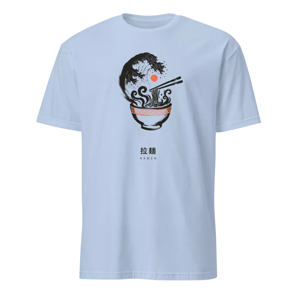 White t-shirt with a ramen bowl and Great Wave-style steam design in ink style on the chest, with matching kanji below. - Light Blue