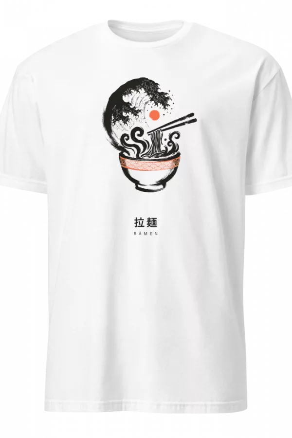 White t-shirt with a ramen bowl and Great Wave-style steam design in ink style on the chest, with matching kanji below. - White