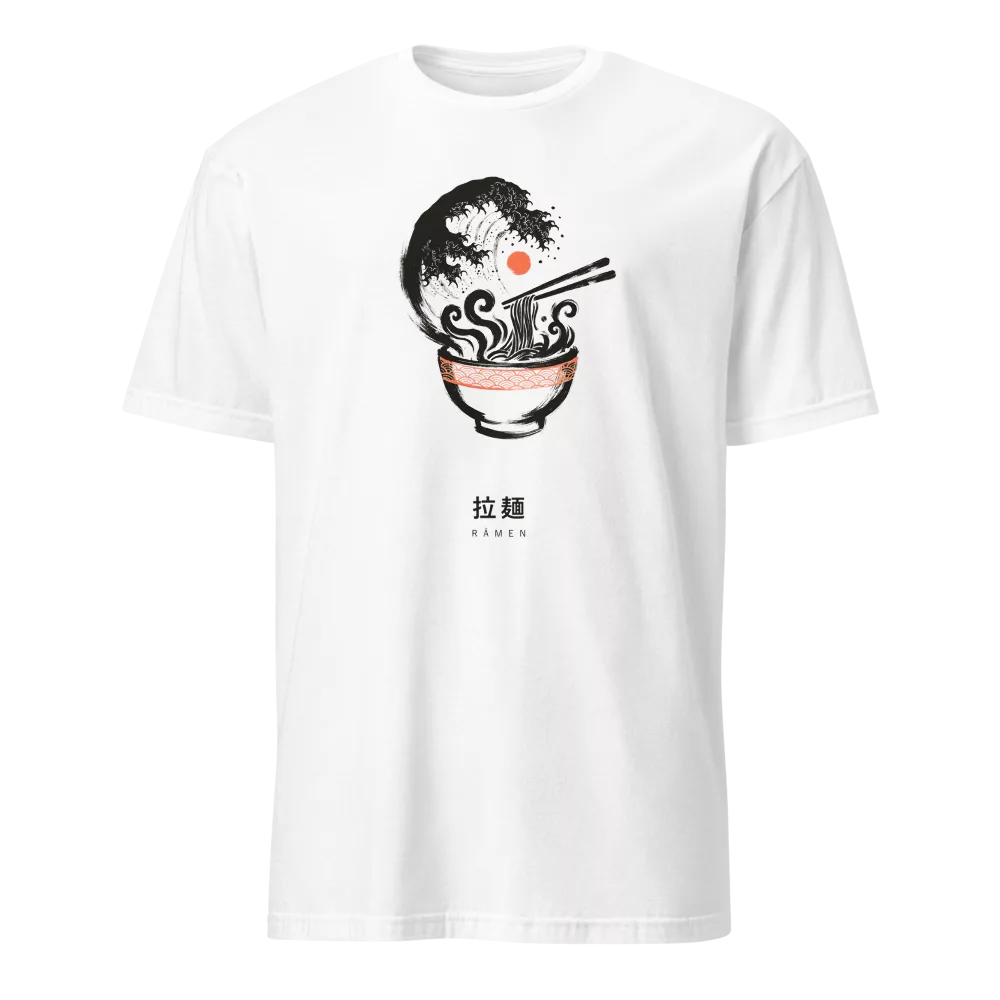 White t-shirt with a ramen bowl and Great Wave-style steam design in ink style on the chest, with matching kanji below. - White