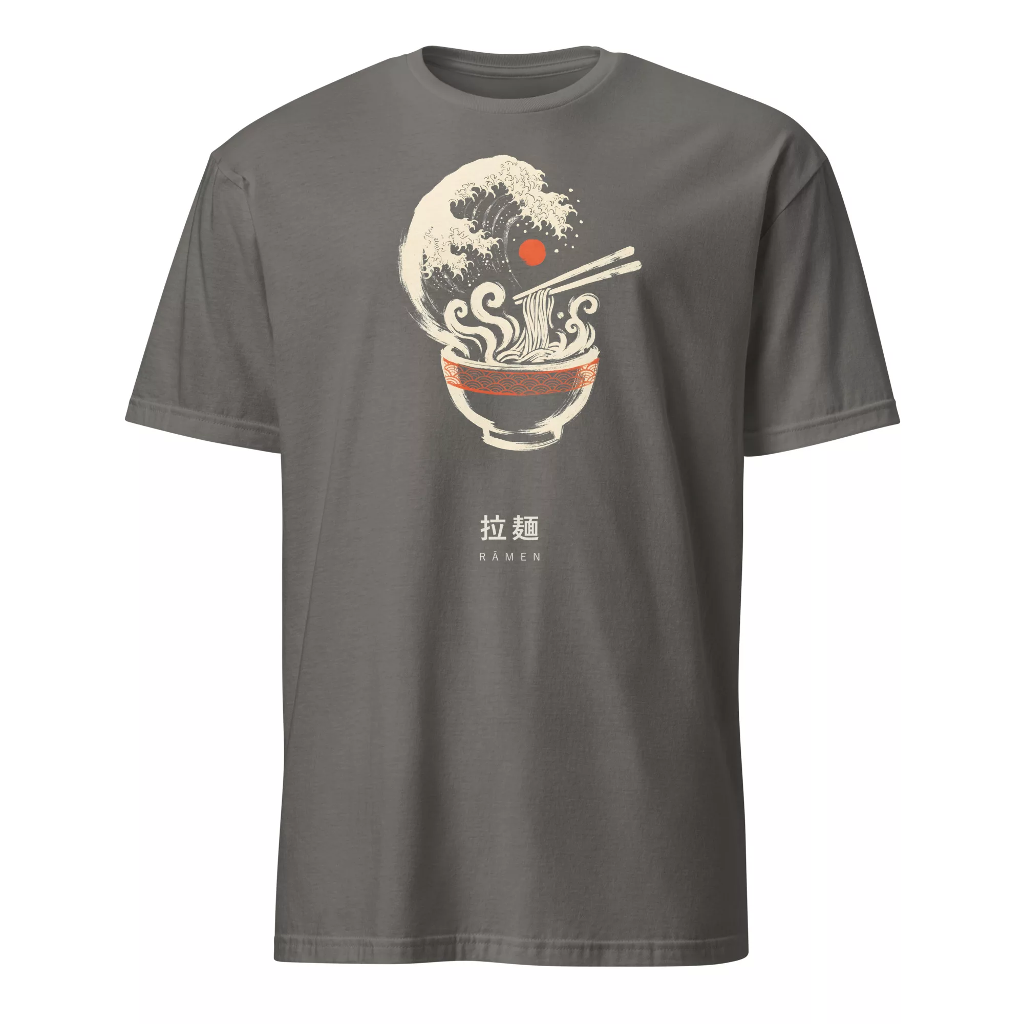 White t-shirt with a ramen bowl and Great Wave-style steam design in ink style on the chest, with matching kanji below. - Charcoal