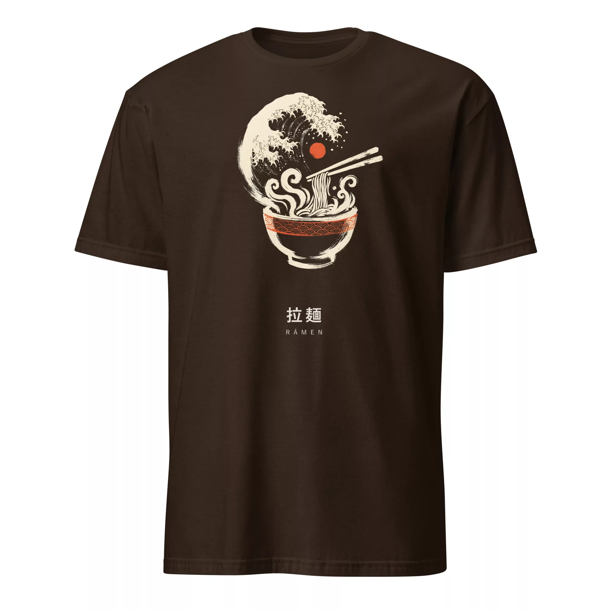 White t-shirt with a ramen bowl and Great Wave-style steam design in ink style on the chest, with matching kanji below. - Dark Chocolate